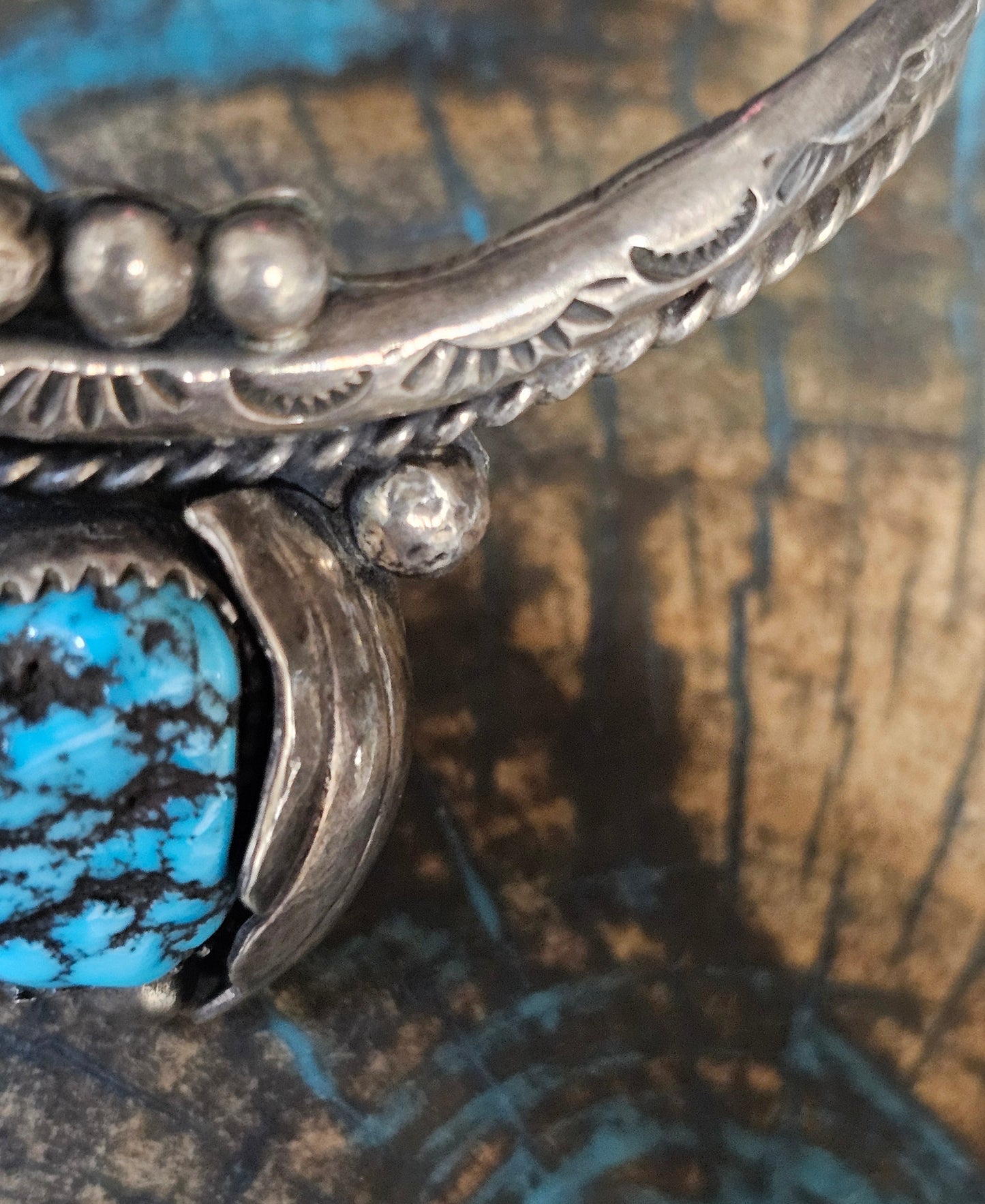Vintage Navajo Cuff Sterling Silver & Morenci Turquoise Trading Post Mark