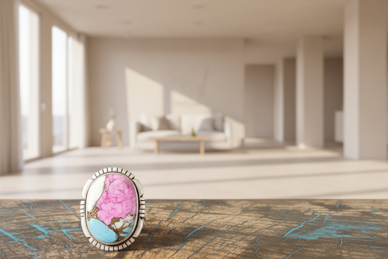 Cotton Candy Turquoise Adjustable Sterling Silver Ring Oval Southwestern