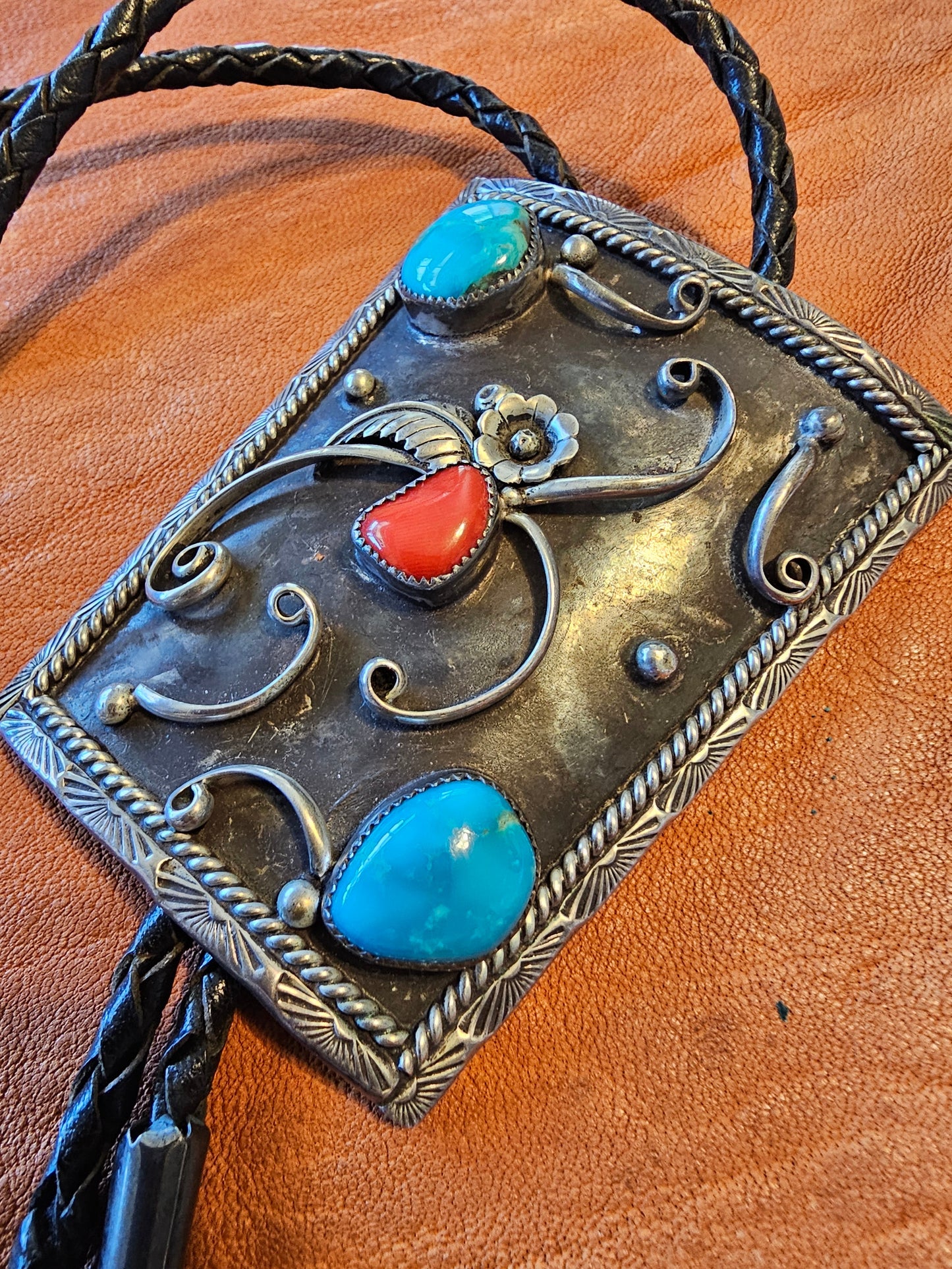 Vintage Bolo Tie Navajo Stamped Irene Platero Sterling Silver Turquoise Red Coral