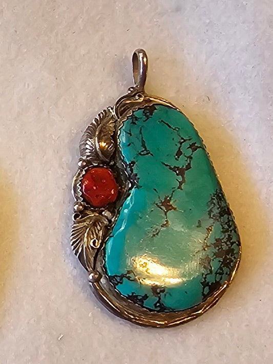 Vintage Kingman and red coral pendant by Ray Fierro