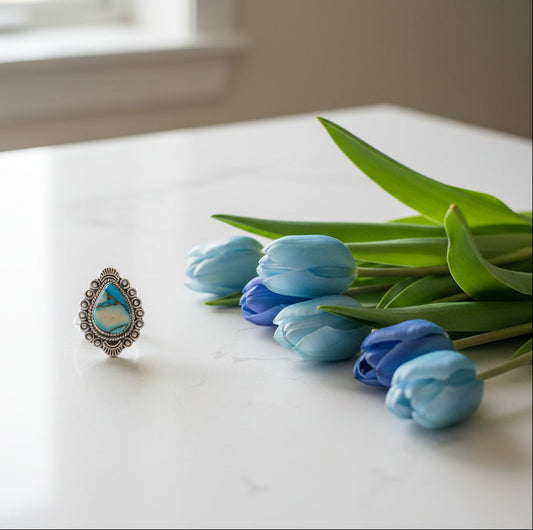 Ice Blue Dahlia Brushed Sterling Silver Ring Southwestern Adjustable