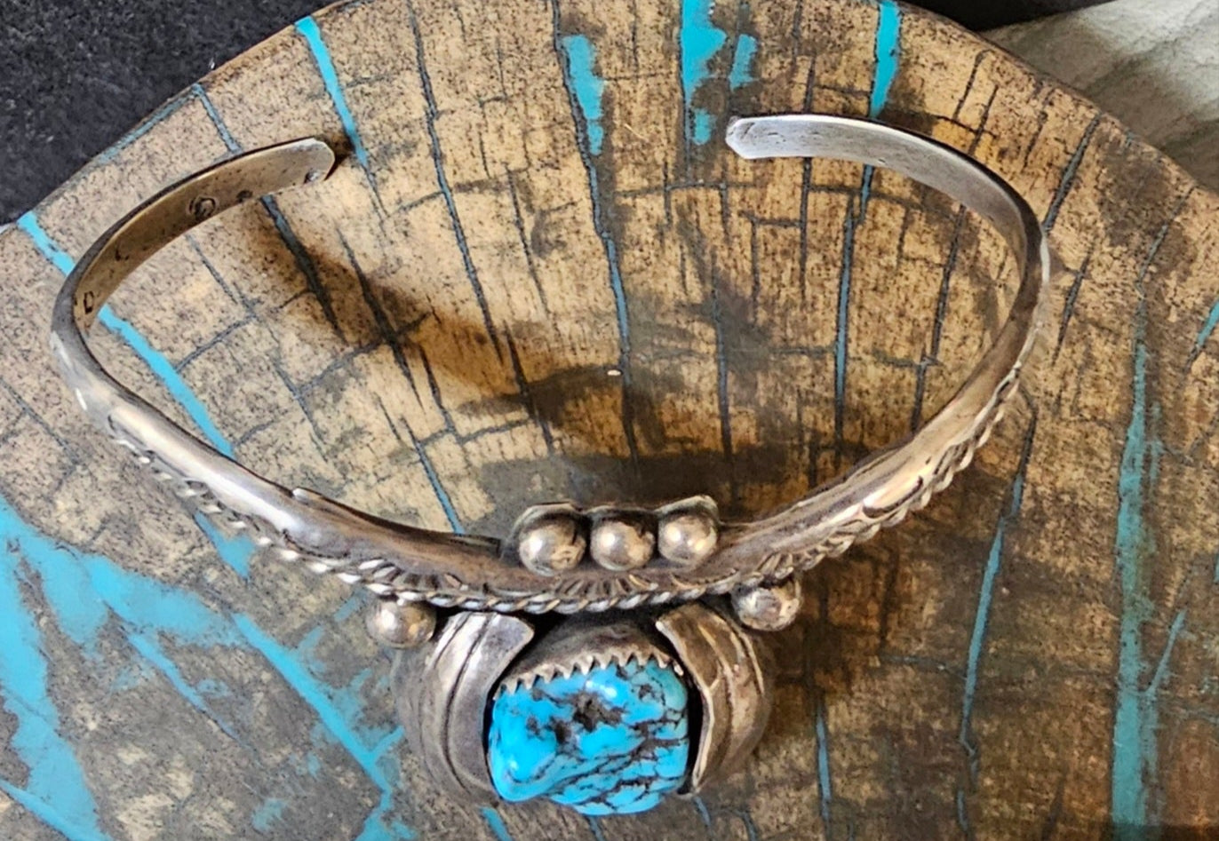 Vintage Navajo Cuff Sterling Silver & Morenci Turquoise Trading Post Mark