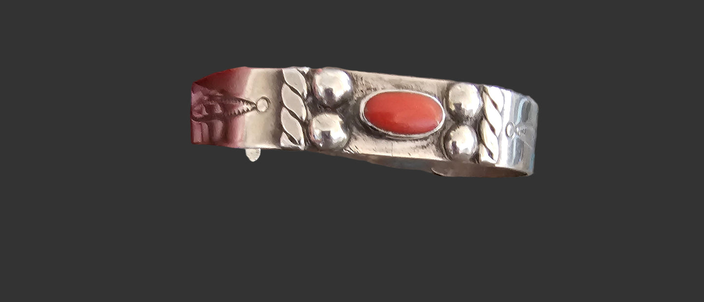 Vintage Red Coral and Sterling Silver Cuff Navajo