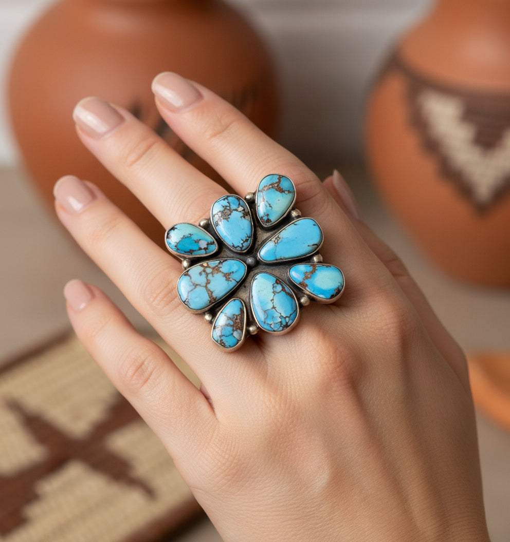 Golden Hills Turquoise & Brushed Sterling SIlver Ring Adjustable