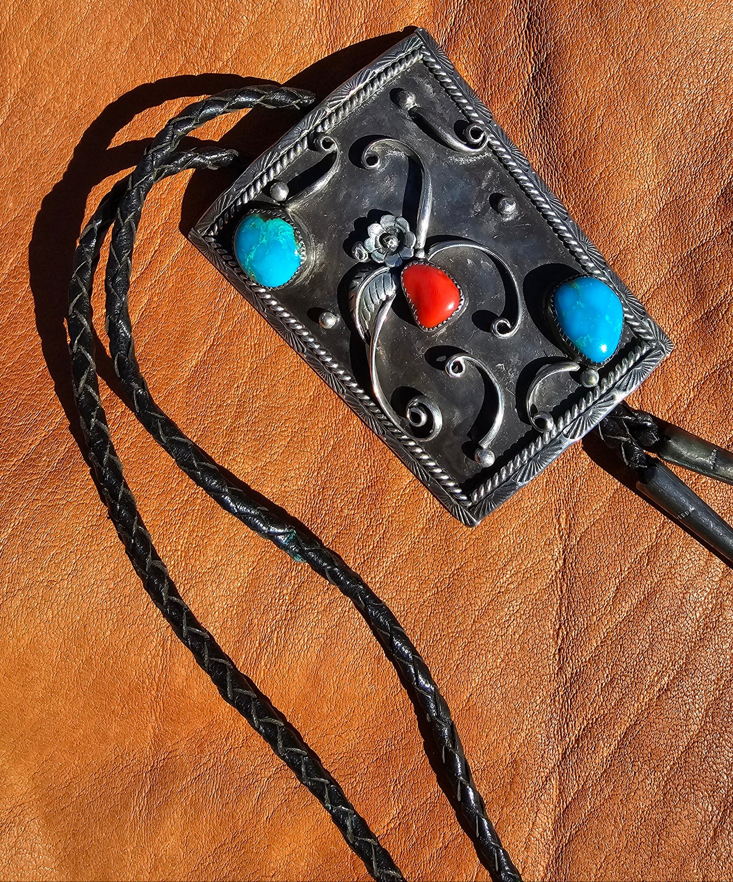 Vintage Bolo Tie Navajo Stamped Irene Platero Sterling Silver Turquoise Red Coral