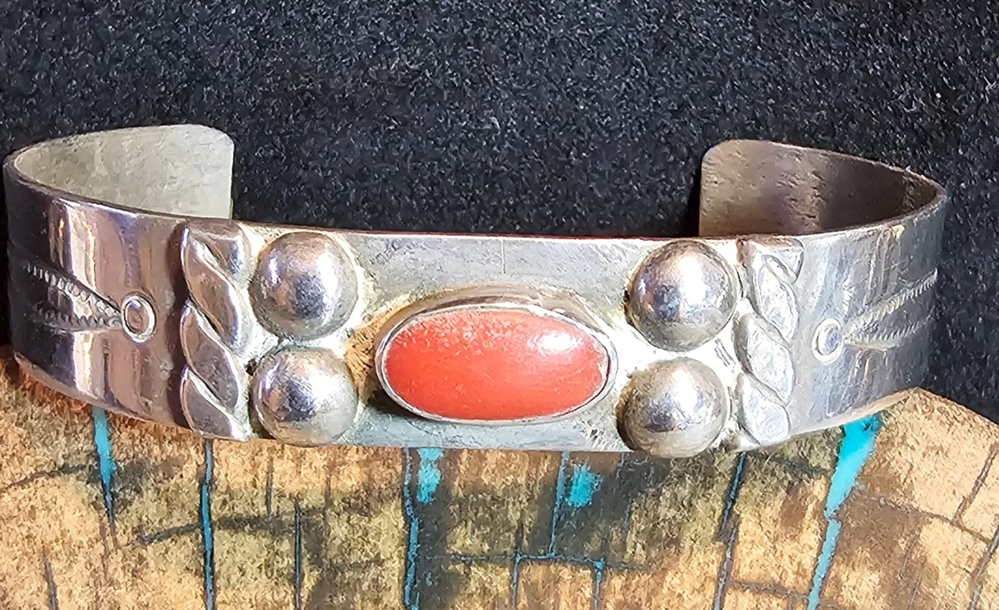 Vintage Red Coral and Sterling Silver Cuff Navajo