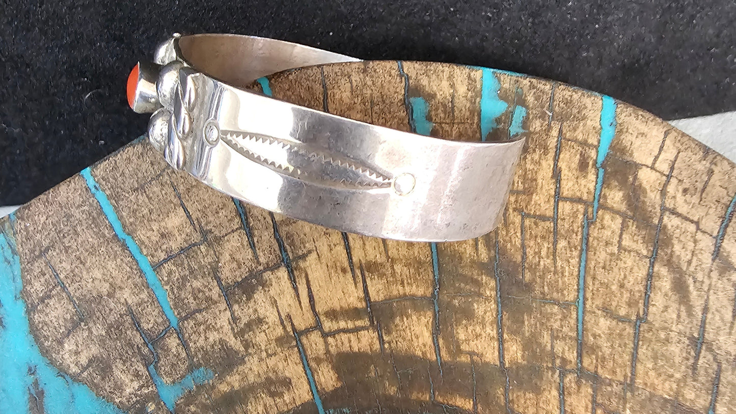 Vintage Red Coral and Sterling Silver Cuff Navajo