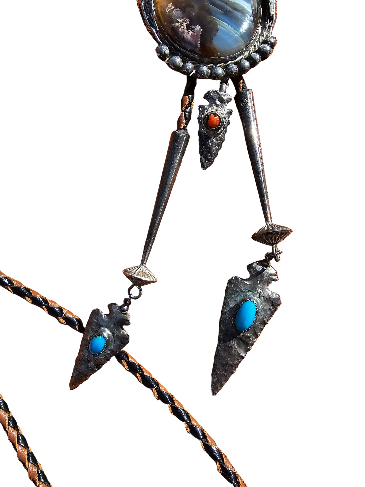 Vintage Agate Bolo Tie James Shay Navajo Sterling Silver Turquoise Red Coral