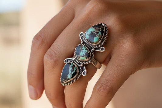 Black Jack Turquoise Triple Stone Sterling Silver Adjustable