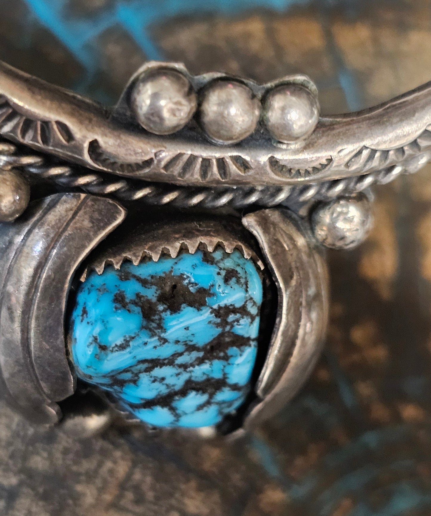 Vintage Navajo Cuff Sterling Silver & Morenci Turquoise Trading Post Mark