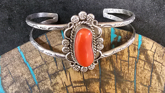 Vintage Navajo Mediterranean Coral & Sterling Silver Cuff Stamped LL