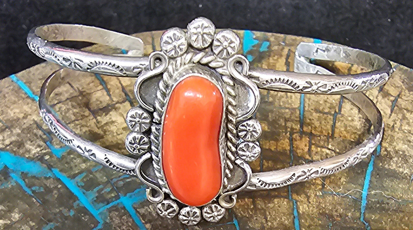 Vintage Navajo Mediterranean Coral & Sterling Silver Cuff Stamped LL