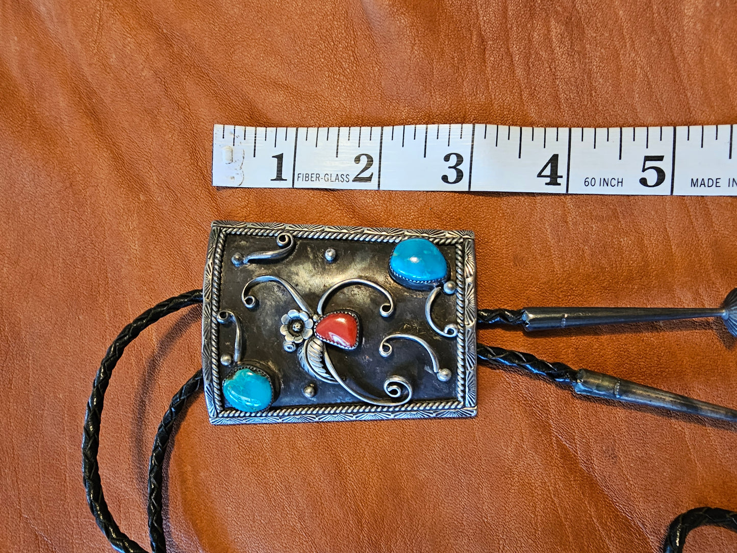 Vintage Bolo Tie Navajo Stamped Irene Platero Sterling Silver Turquoise Red Coral