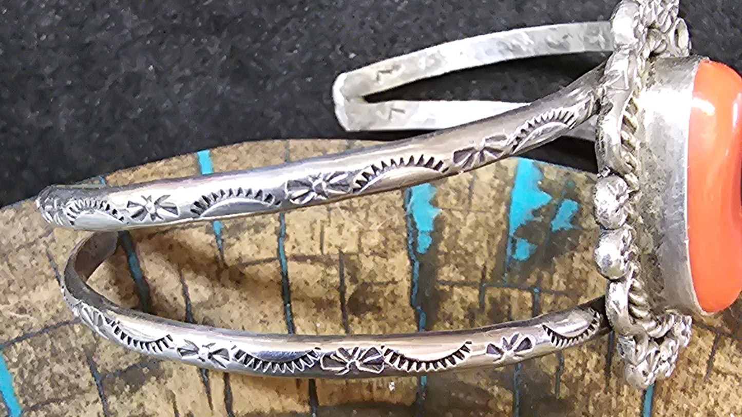 Vintage Navajo Mediterranean Coral & Sterling Silver Cuff Stamped LL