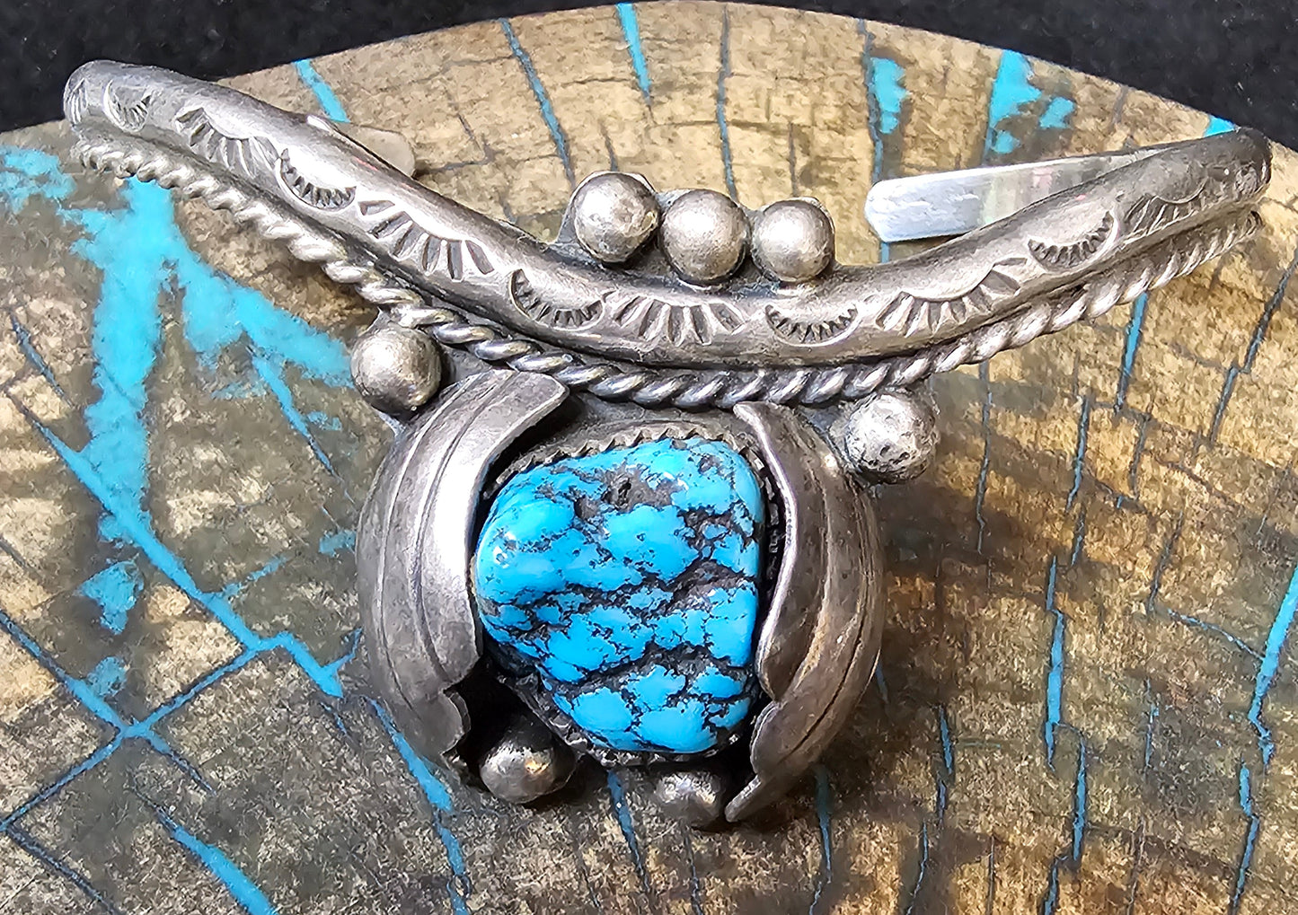 Vintage Navajo Cuff Sterling Silver & Morenci Turquoise Trading Post Mark