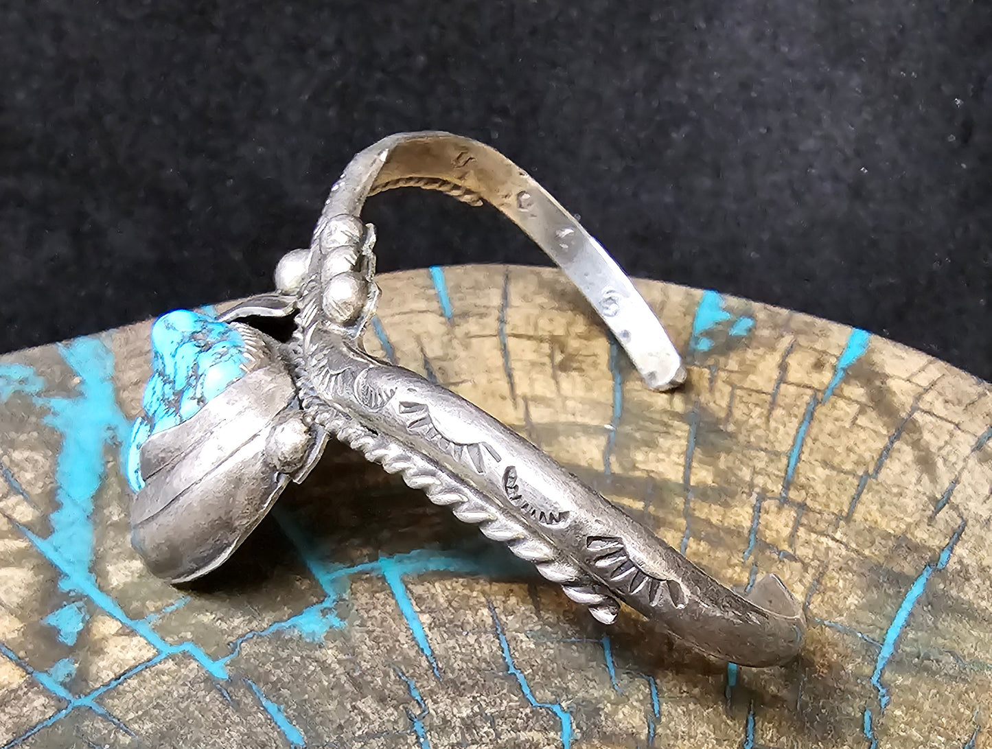Vintage Navajo Cuff Sterling Silver & Morenci Turquoise Trading Post Mark