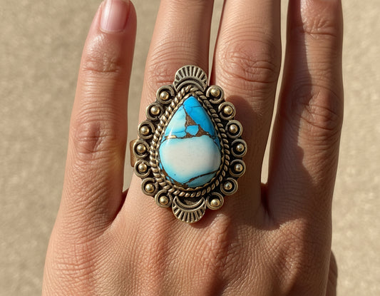 Ice Blue Dahlia Brushed Sterling Silver Ring Southwestern Adjustable