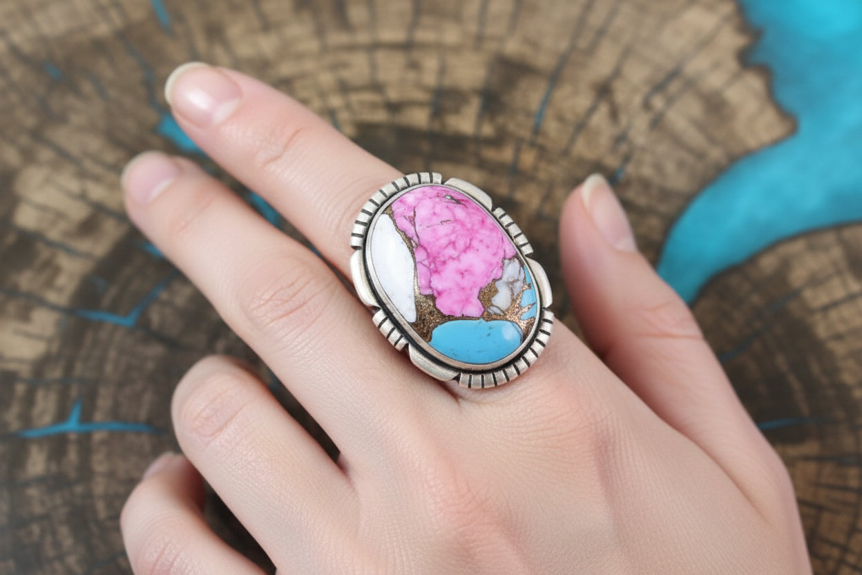 Cotton Candy Turquoise Adjustable Sterling Silver Ring Oval Southwestern