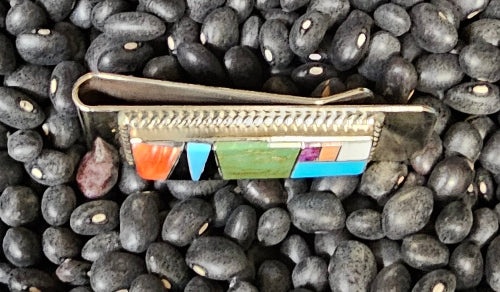 Native American Money Clip Signed Arnold Yazzie Navajo Sterling Silver Multi Stone
