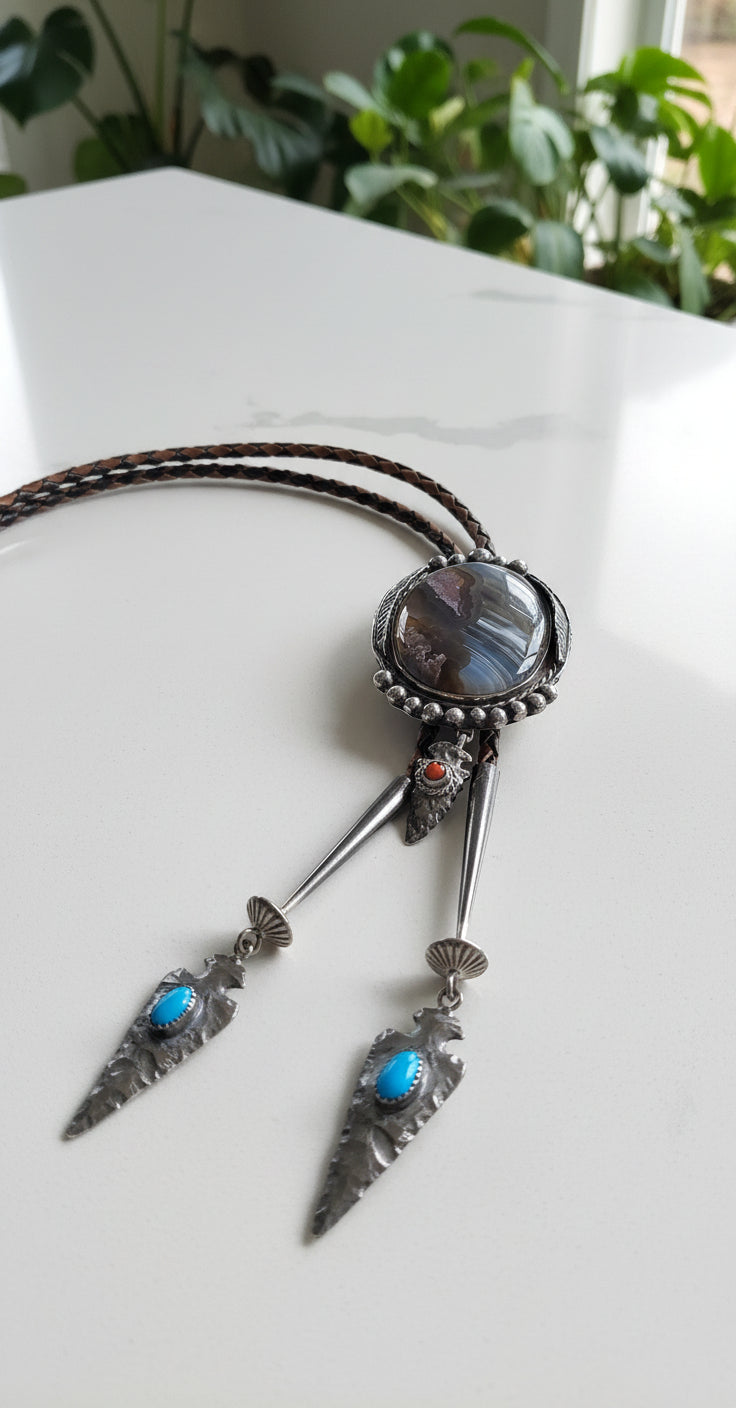 Vintage Agate Bolo Tie James Shay Navajo Sterling Silver Turquoise Red Coral
