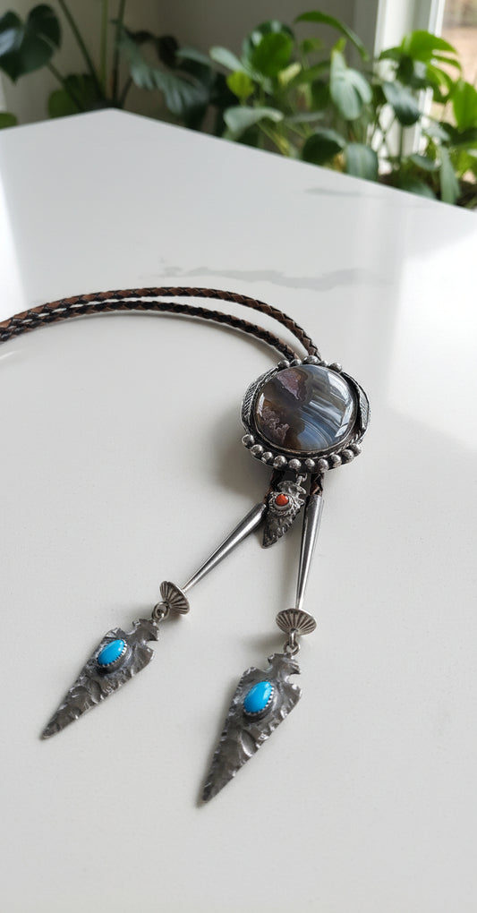 Vintage Agate Bolo Tie James Shay Navajo Sterling Silver Turquoise Red Coral
